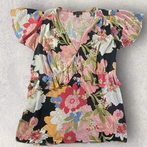 Jessica Simpson 2X Emilla Floral Tie Back Blouse Black Pink Flutter Sleeve
